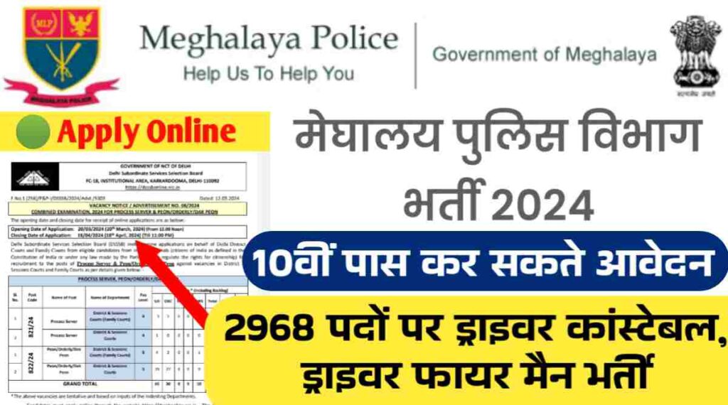 Meghalaya Police Recruitment 2024: 10वी पास के लिए मेघालय पुलिस विभाग में 2968 पदों पर ड्राइवर कांस्टेबल, ड्राइवर फायर मैन भर्ती